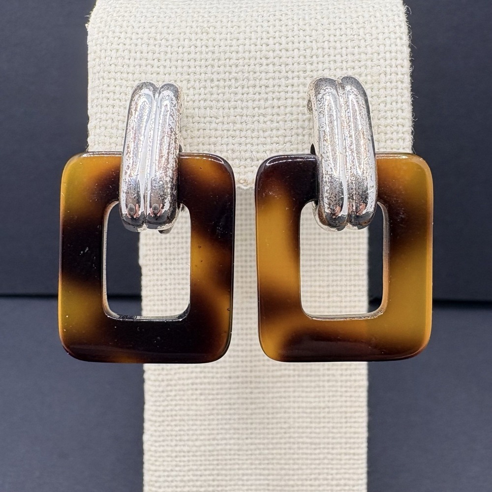 Vintage Door Knocker Tortoiseshell Acrylic Resin Clip On Earrings Silver Tone